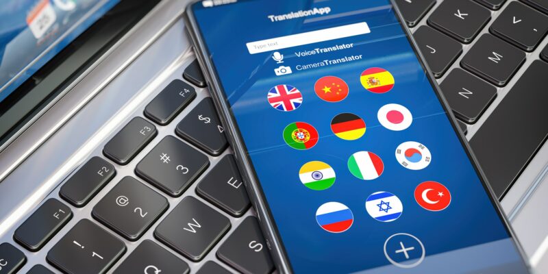 Foreign languages translation or learning languages online. Mobile phone or smartphone